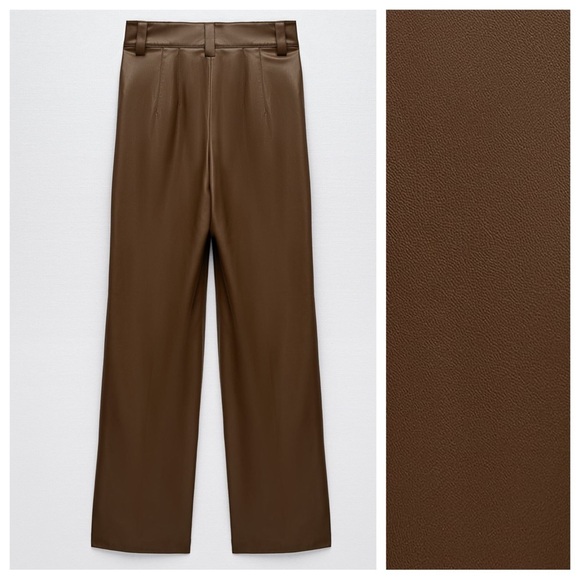 NWT. Zara BrownFaux Leather Francoise Full Length Trousers. Size XS. - Picture 6 of 10